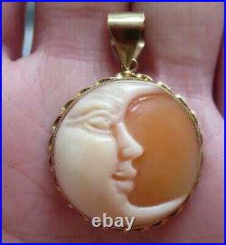 14k Antique Hand Carved Natural Cameo Man In Moon Vintage Pendant Italy Rare
