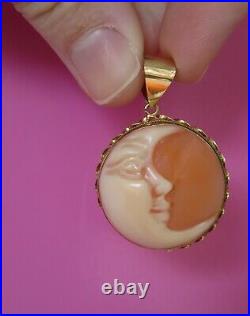 14k Antique Hand Carved Natural Cameo Man In Moon Vintage Pendant Italy Rare