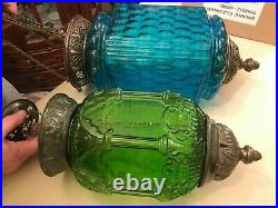 2 RARE Antique Green and Blue Glass BEAUTIFUL Hanging Pendel Chain Lamps