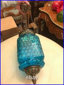 2 RARE Antique Green and Blue Glass BEAUTIFUL Hanging Pendel Chain Lamps
