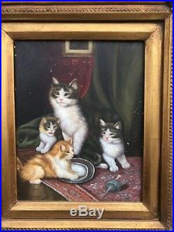 #41 Beautiful 17x15 Framed Oil Painting 4 Cats Playing Rug Antique Style Rare