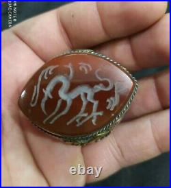 ANCIENT MEDIEVAL RING RARE SILVER & BRONZE BEAUTIFUL CARNELIAN Engraved DRAGON