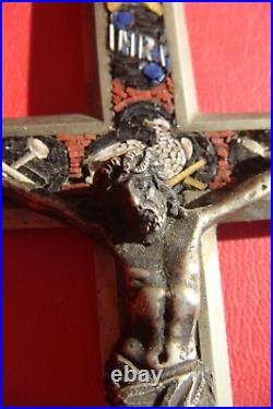 ANTIQUE 19th CENTURY RARE BEAUTIFUL MICRO MOSAIC ROME RELIGIOUS CROSS CRUCIFIX