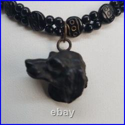 ANTIQUE VICTORIAN JET NECKLACE 18inch WITH RARE DETAILED DOGS HEAD PENDANT
