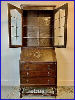 A Rare & Beautiful 100 Year Old Antique Edwardian Oak Bureau Bookcase. C1920