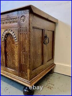A Rare & Beautiful 150 Year Old Antique Carved Oak Coffer. C1870