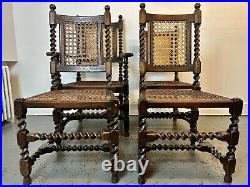 A Rare & Beautiful 1920's Year Old Antique Oak Barley Twist Bergere Cane Chairs