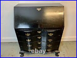 A Rare & Beautiful 80 Year Old Serpentine Front Fall Front Black Bureau. C1930s
