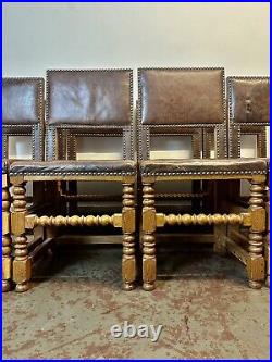 A Rare & Beautiful 80 Year Old Set of 8 Oak Leather Back & Seat Dining Chairs