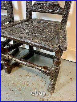 A Rare & Beautiful Pair of Antique Victorian Carved Oak Hall Chairs. C1830