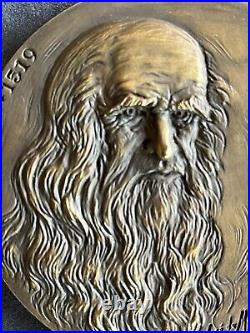 Amazing Beautiful Antique rare bronze medal with high reliefs Leonardo Da Vinci