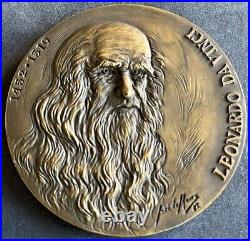 Amazing Beautiful Antique rare bronze medal with high reliefs Leonardo Da Vinci