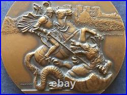 Amazing beautiful antique and rare bronze medal with high reliefs of St. George