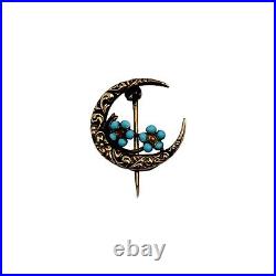 Antique 10K Gold Crescent Moon Blue Enamel Flowers Pin Brooch RARE