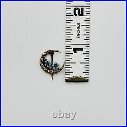 Antique 10K Gold Crescent Moon Blue Enamel Flowers Pin Brooch RARE