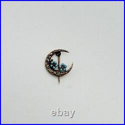 Antique 10K Gold Crescent Moon Blue Enamel Flowers Pin Brooch RARE