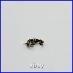 Antique 10K Gold Crescent Moon Blue Enamel Flowers Pin Brooch RARE