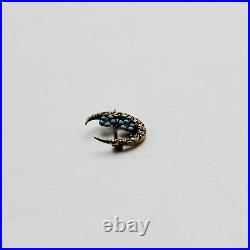 Antique 10K Gold Crescent Moon Blue Enamel Flowers Pin Brooch RARE