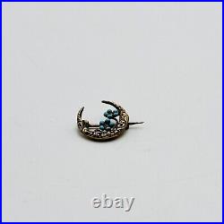 Antique 10K Gold Crescent Moon Blue Enamel Flowers Pin Brooch RARE