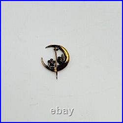 Antique 10K Gold Crescent Moon Blue Enamel Flowers Pin Brooch RARE