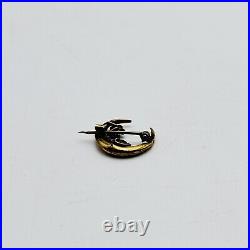 Antique 10K Gold Crescent Moon Blue Enamel Flowers Pin Brooch RARE