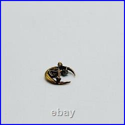 Antique 10K Gold Crescent Moon Blue Enamel Flowers Pin Brooch RARE