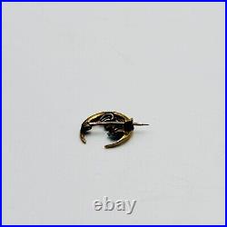 Antique 10K Gold Crescent Moon Blue Enamel Flowers Pin Brooch RARE