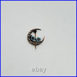 Antique 10K Gold Crescent Moon Blue Enamel Flowers Pin Brooch RARE