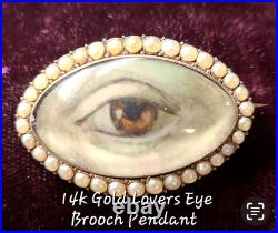 Antique 14k Yg Georgian Lovers Eye Genuine Pearl HP Brooch Pin Pendant Rare