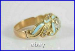 Antique 18k Gold 3/4 Carat Mine Cut Diamond Blue Enamel Ring Beautiful Rare