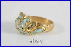 Antique 18k Gold 3/4 Carat Mine Cut Diamond Blue Enamel Ring Beautiful Rare