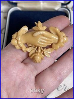 Antique 19th brooch two hands and a rose early celluloid very rare beautiful