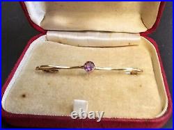 Antique 9ct -375 Solid Gold & Pink Amethyst Bar Brooch English 3 Grams Rare Find