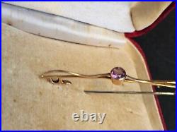 Antique 9ct -375 Solid Gold & Pink Amethyst Bar Brooch English 3 Grams Rare Find