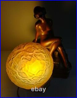 Antique Art Deco 1920's Beautiful Rare Nude Woman Brain Globe Chalkware Lamp