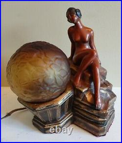 Antique Art Deco 1920's Beautiful Rare Nude Woman Brain Globe Chalkware Lamp