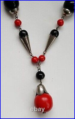 Antique Art Deco Necklace Vintage Black Red Chrome Bead Czech Bohemian Rare