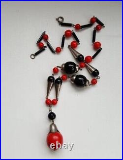 Antique Art Deco Necklace Vintage Black Red Chrome Bead Czech Bohemian Rare