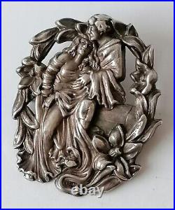 Antique Art Nouveau Brooch Sterling Silver Lovers Love Valentines Repousse Rare