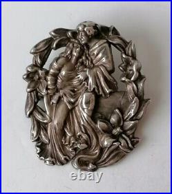 Antique Art Nouveau Brooch Sterling Silver Lovers Love Valentines Repousse Rare