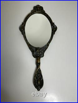 Antique BEAUTIFUL RARE Brass Ornate Art Nouveau Hand Mirror Angel