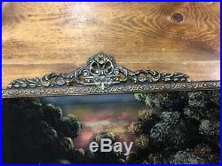 Antique Beautiful Frame With Oil On Velvet Painting Fox & Mate 52 X 20 1/2 Rare