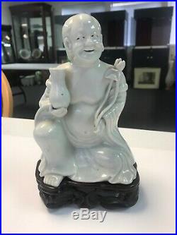 Antique Chinese Porcelain Blanc Chine Figure With Beautiful Hard Wood Stand Rare