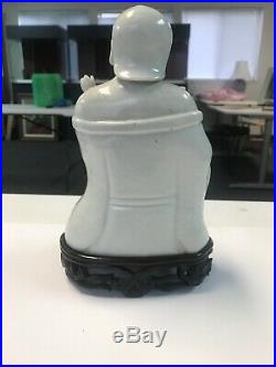 Antique Chinese Porcelain Blanc Chine Figure With Beautiful Hard Wood Stand Rare