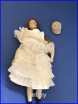 Antique Doll Very Rare, Poured Wax Upon A Wooden Body, Auburn Hair, Beautiful