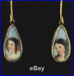 Antique Earrings 9CT 375 Miniature Portraits Oil Painted Porcelain Rare Beauty