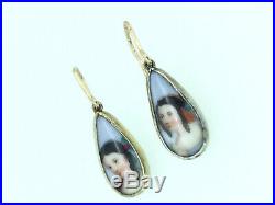 Antique Earrings 9CT 375 Miniature Portraits Oil Painted Porcelain Rare Beauty