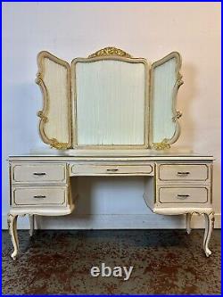 Antique French Dressing Table & Stool. Mirrored White & Gold. Rare & Beautiful