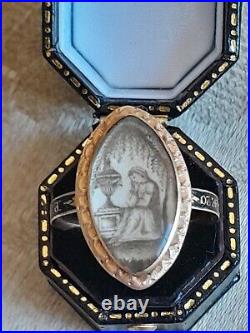 Antique Georgian Mourning Sepia Painting 15ct Gold Ring, Rare And Beautiful