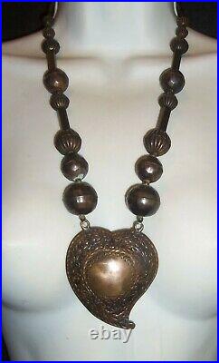 Antique Large Long Brass Heart Bead Necklace beautiful rare